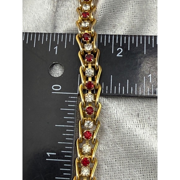 Gold Tone Rhinestone Bracelet Red White‎ 7" - Picture 5 of 8